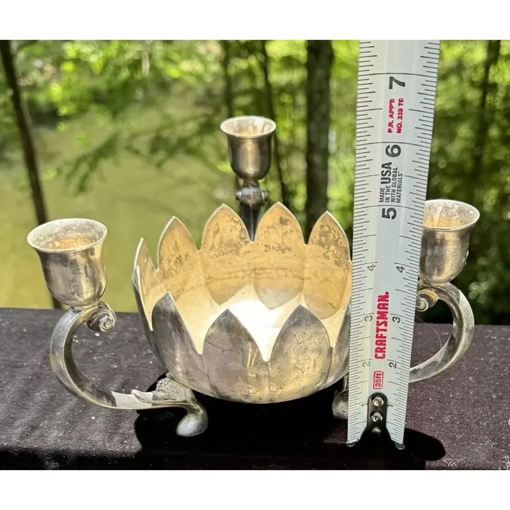 Leonard Silver Plate Centerpiece Triple Candle Holder on Lotus Flower Bowl A85